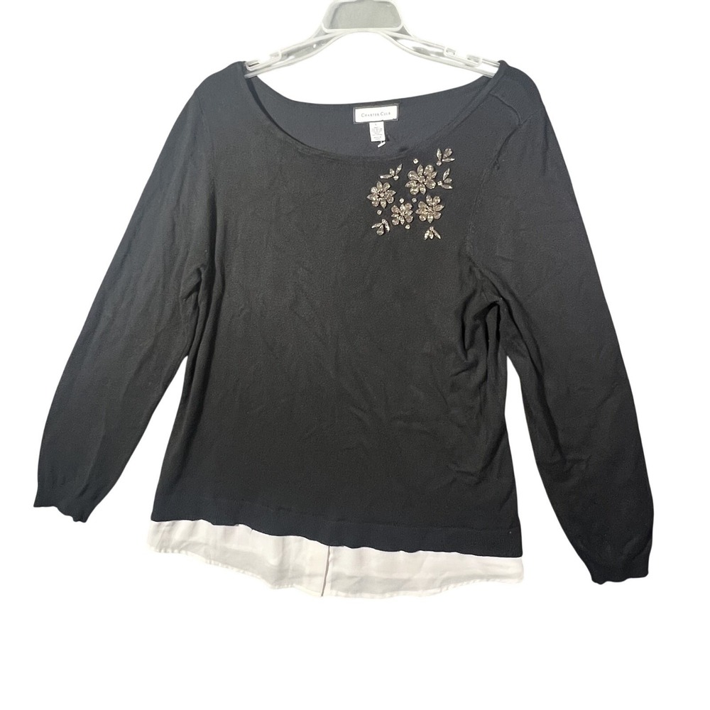 Charter Club Women's Black Layered Look Embellished‎ Knit Top Size L Long Sleeve